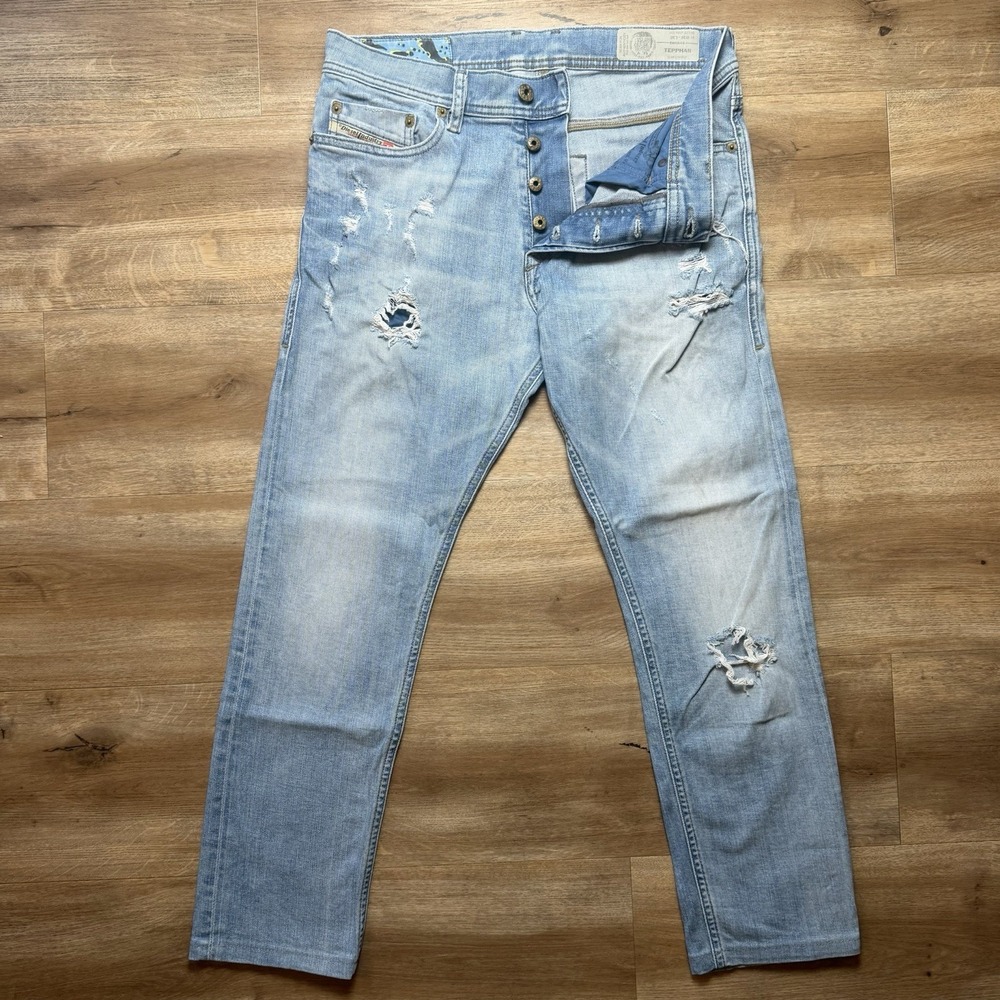 Diesel Tepphar Jeans Men 28x26 Blue Slim Carrot Stretch Thrashed Punk (Hemmed)